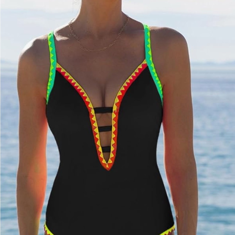 Black and Neon Trim One Piece Swimsuit